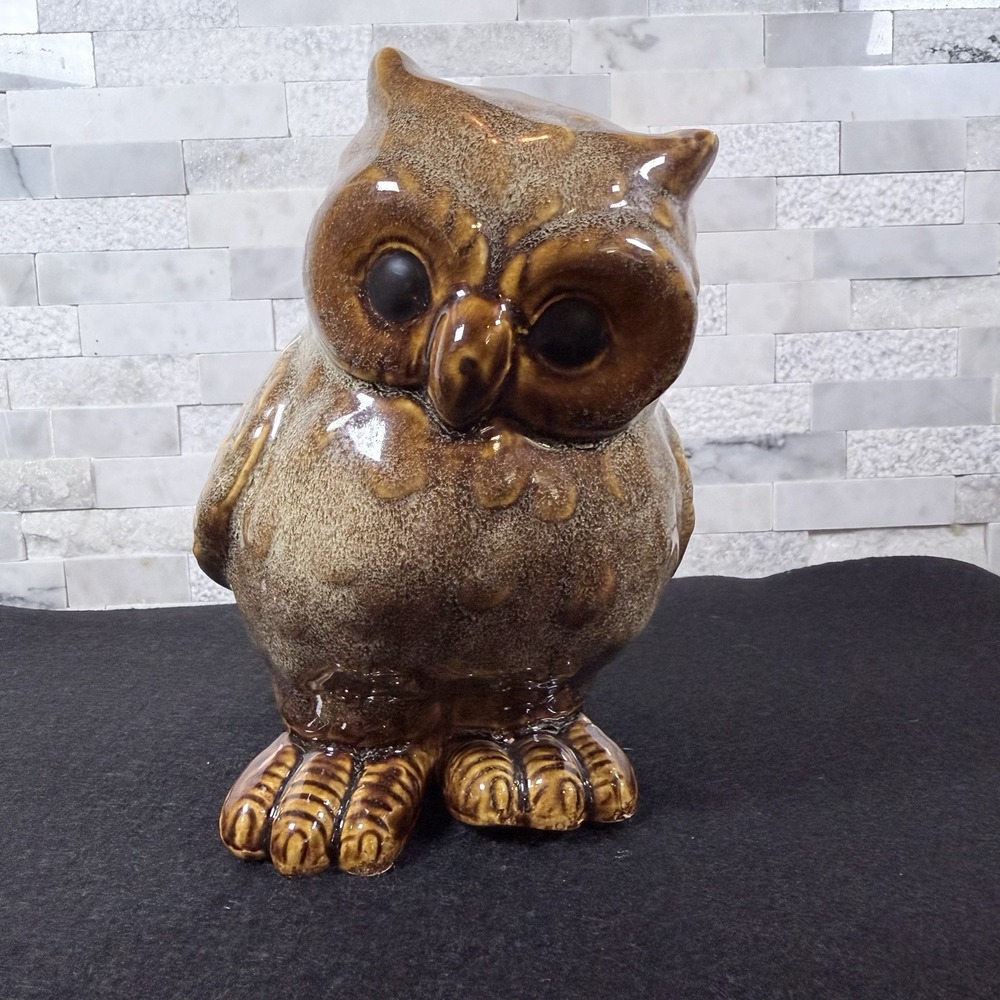 Ceramic Owl Figurine Brown Drip Glaze Textured Bird Statue Home Decor
